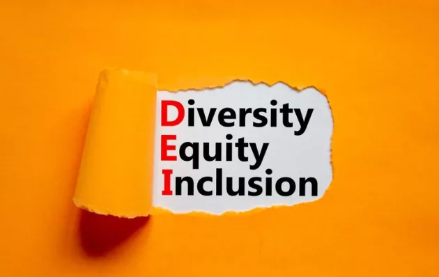 Text on an orange background saying "Diversity, Equity, Inclusion"