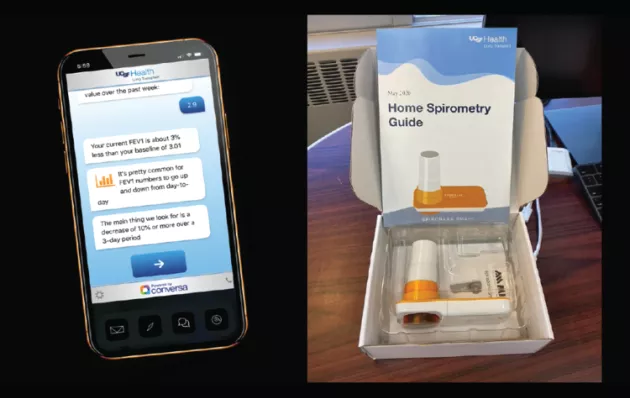 Home Spirometry and Photo of a phone with text messages from UCSF Health